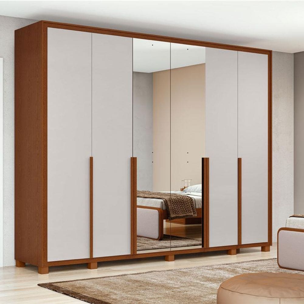 Guarda Roupa Casal Ambiente Imperatore 3 Portas Frassino Off White com Espelho e Pés - Lopas