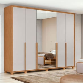 Guarda Roupa Casal Ambiente Imperatore 3 Portas Amêndoa Clean Off White com 2 Gavetas com Espelho e Pés - Lopas