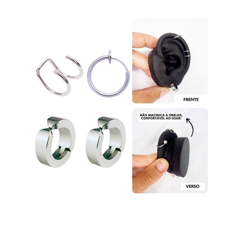 Kit Brinco Argola Pressão Prata Piercing Cartilagem Encaixe