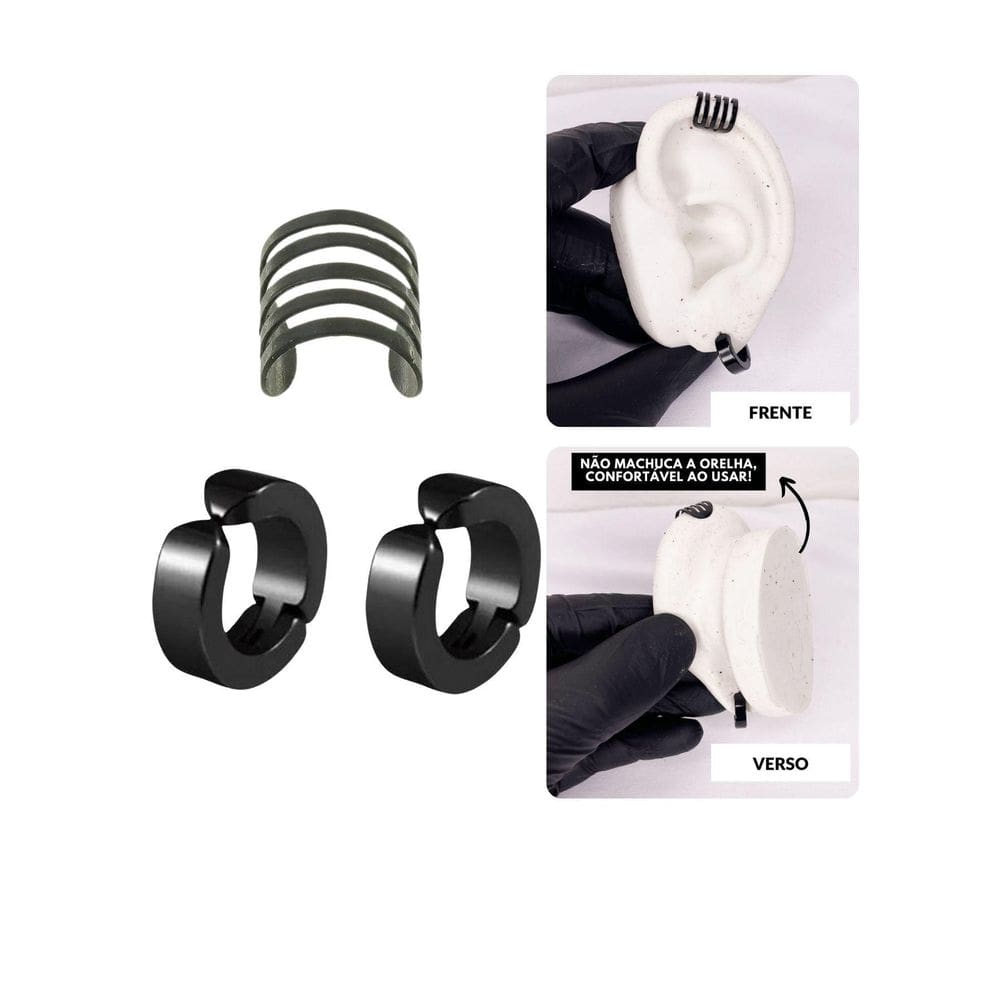 Kit Brinco Argola Pressão Pretp Cartilagem Encaixe Falso Aço