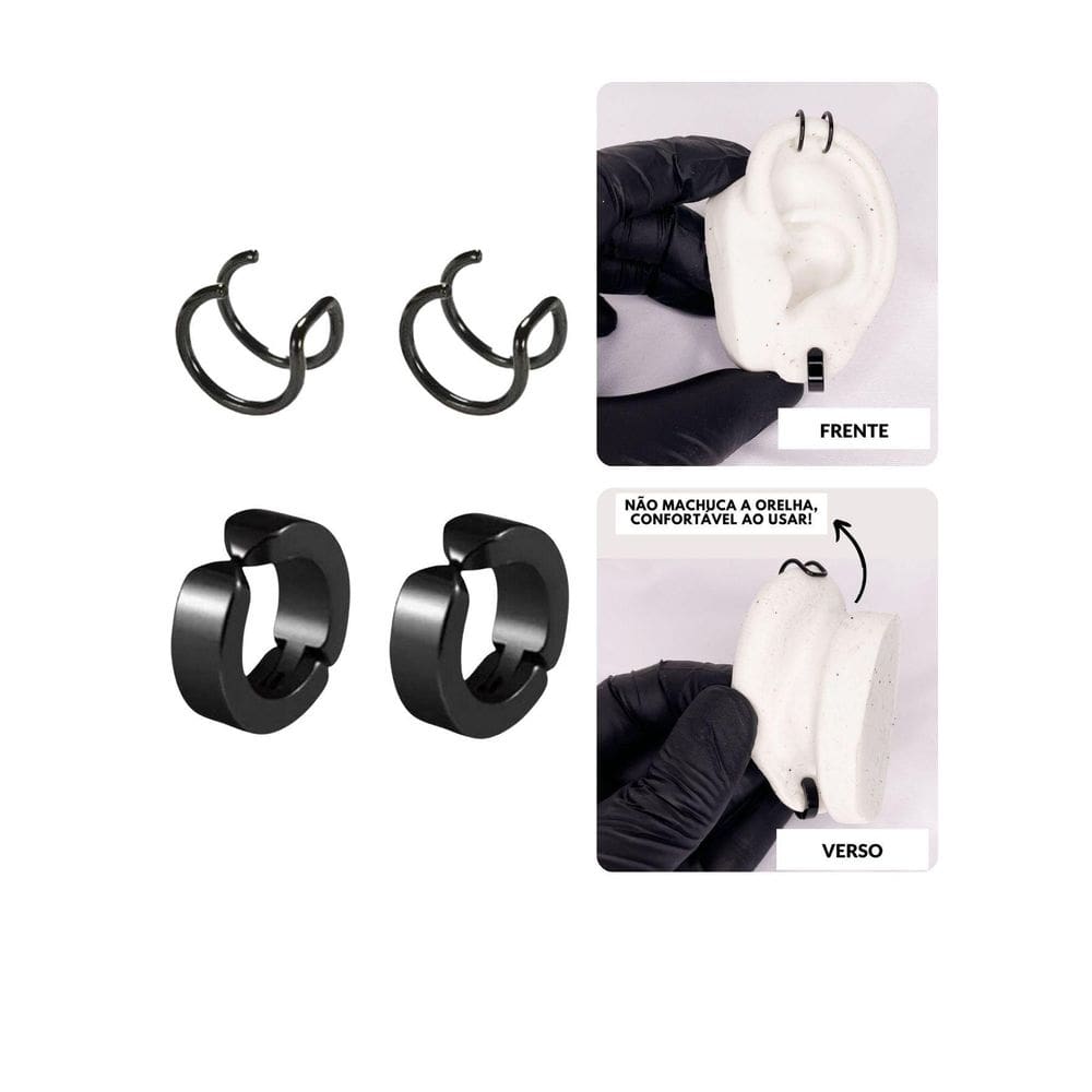 Kit Brinco Argola Pressão Preto Piercing Cartilagem Encaixe