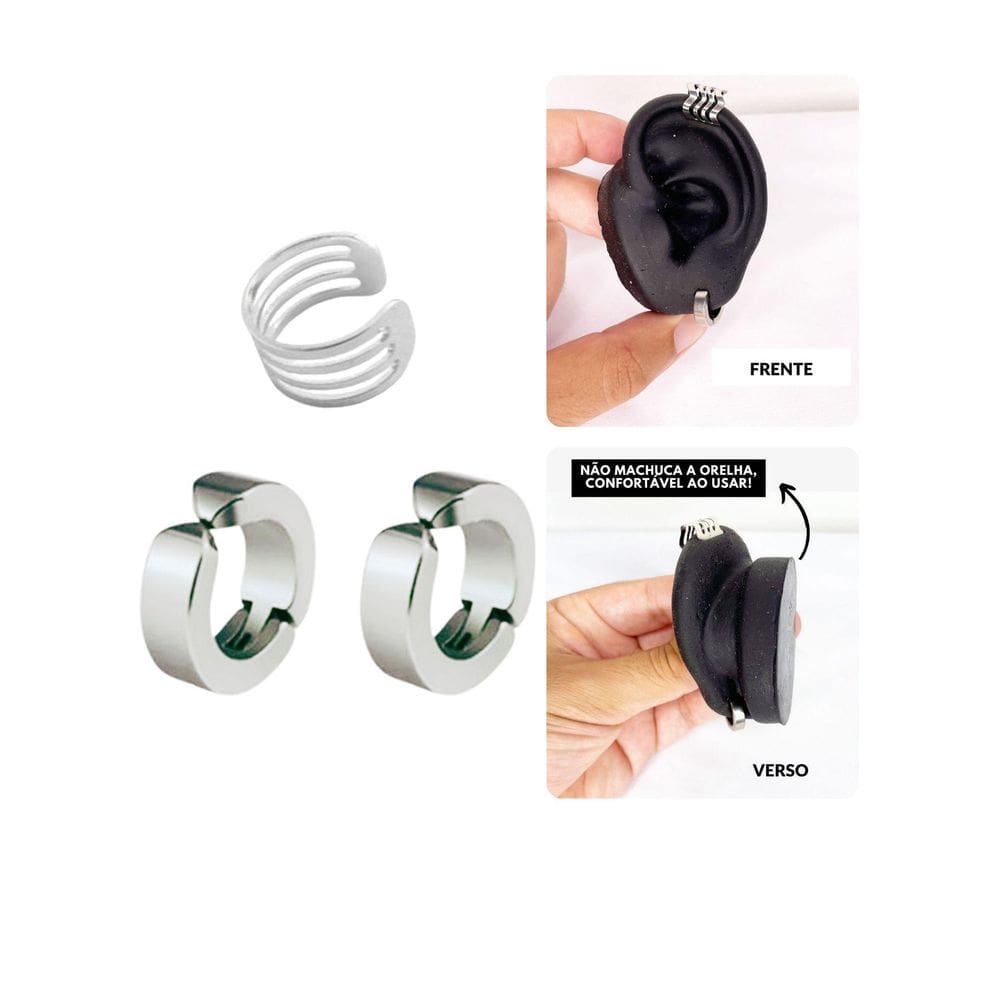 Kit Brinco Argola Pressão Prata Cartilagem Encaixe Falso Aço