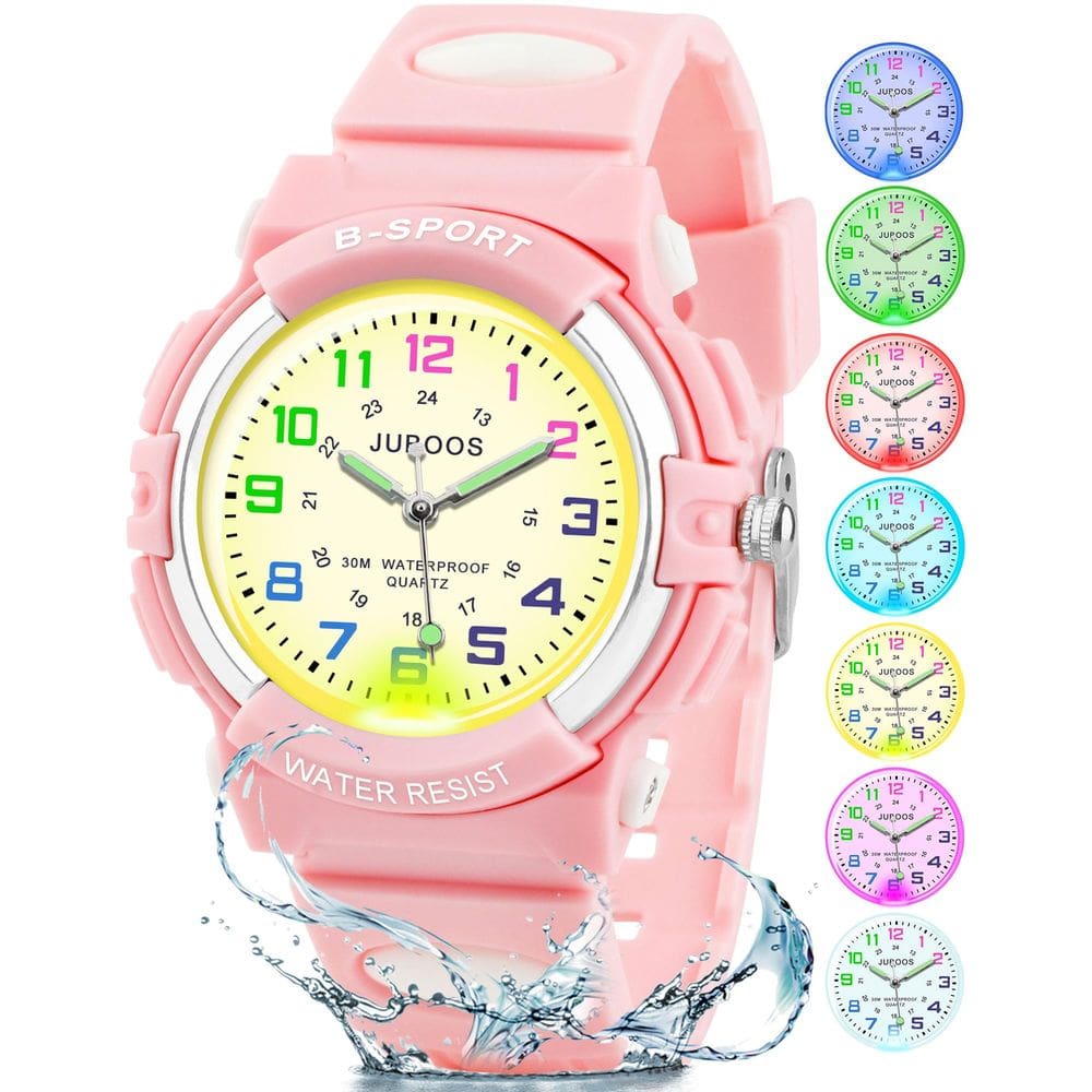 Relógio infantil Juboos Analog com 7 luzes noturnas coloridas rosa 5-18