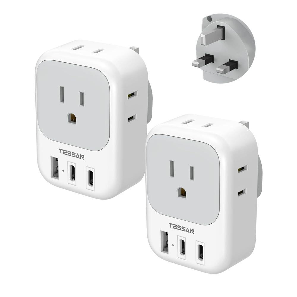 Adaptador de plugue TESSAN Tipo G dos EUA para o Reino Unido 4 tomadas 3 USB 15W 2 Pa