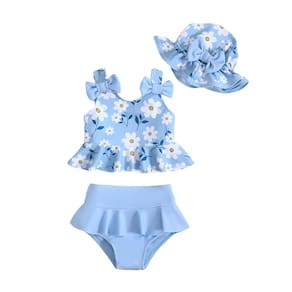 Roupa de banho para meninas Mioglrie Blue Daisy de 18 a 24 meses com chapéu