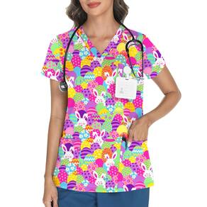Scrub Tops LOMON Easter com estampa de decote em V para mulheres 3GG com 3 bolsos