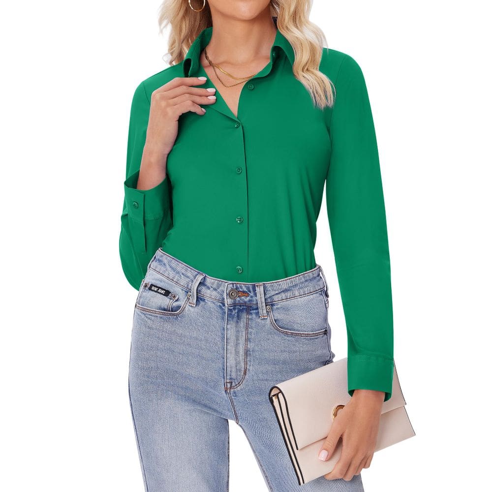Camisa de botão siliteelon para mulheres de manga comprida verde XL