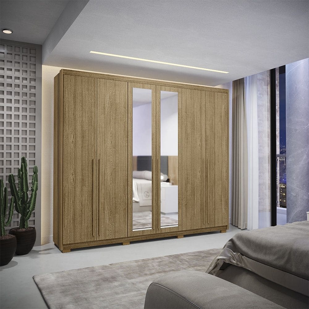 Guarda Roupa Roupeiro Casal Dubai Majestic 6 Portas 6 Gavetas com Espelho Nature Vila Rica