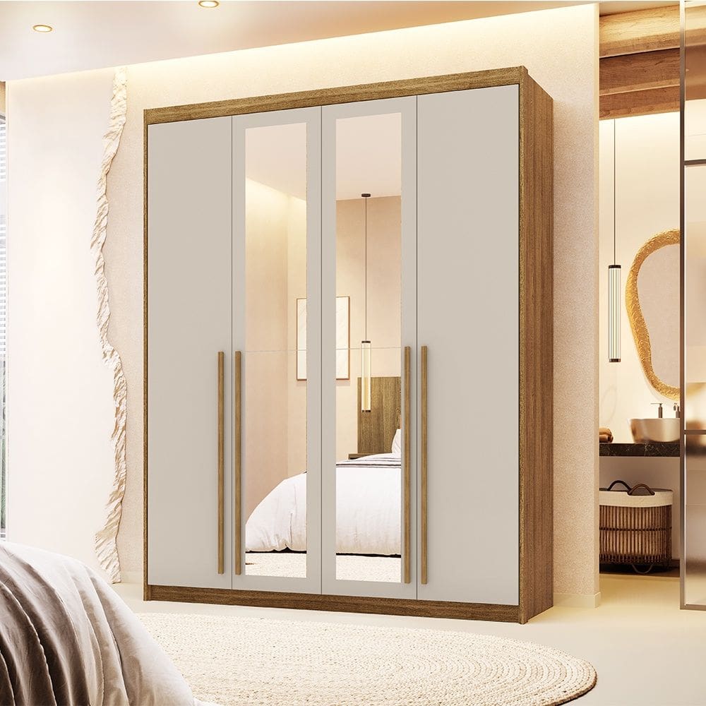 Guarda Roupa Roupeiro Casal Dubai 4 Portas com Espelho Nature Fendy Vila Rica