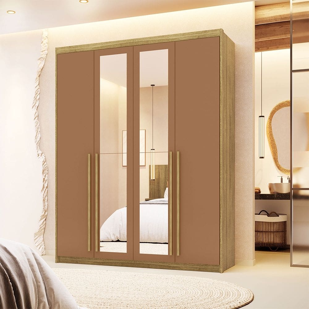 Guarda Roupa Roupeiro Casal Dubai 4 Portas com Espelho Nature Camarim Vila Rica