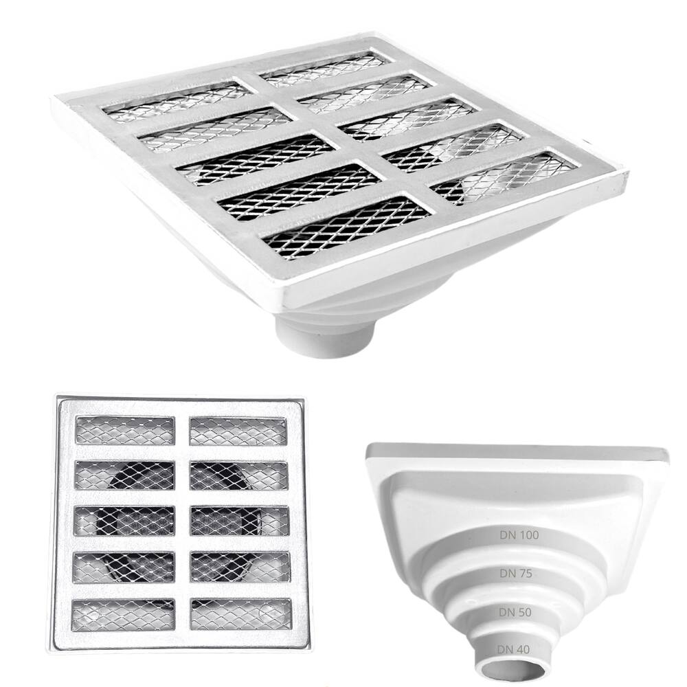 Ralo Anti Cheiro Aluminio 15x15 Reta Tela e Coletor Saída Baixa Branca Adapt de 40mm até 100mm