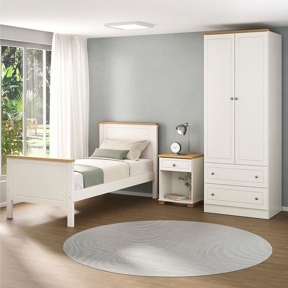Conjunto Cama Solteiro Guarda-Roupa 2 Portas Mesa de Cabeceira Ananda CabeCasa MadeiraMadeira Off White/Mel