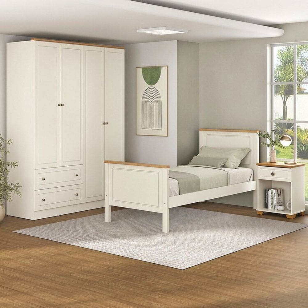 Conjunto Cama Solteiro, Guarda-Roupa 4 Portas e 1 Mesa de Cabeceira Ananda CabeCasa MadeiraMadeira Off White/Mel