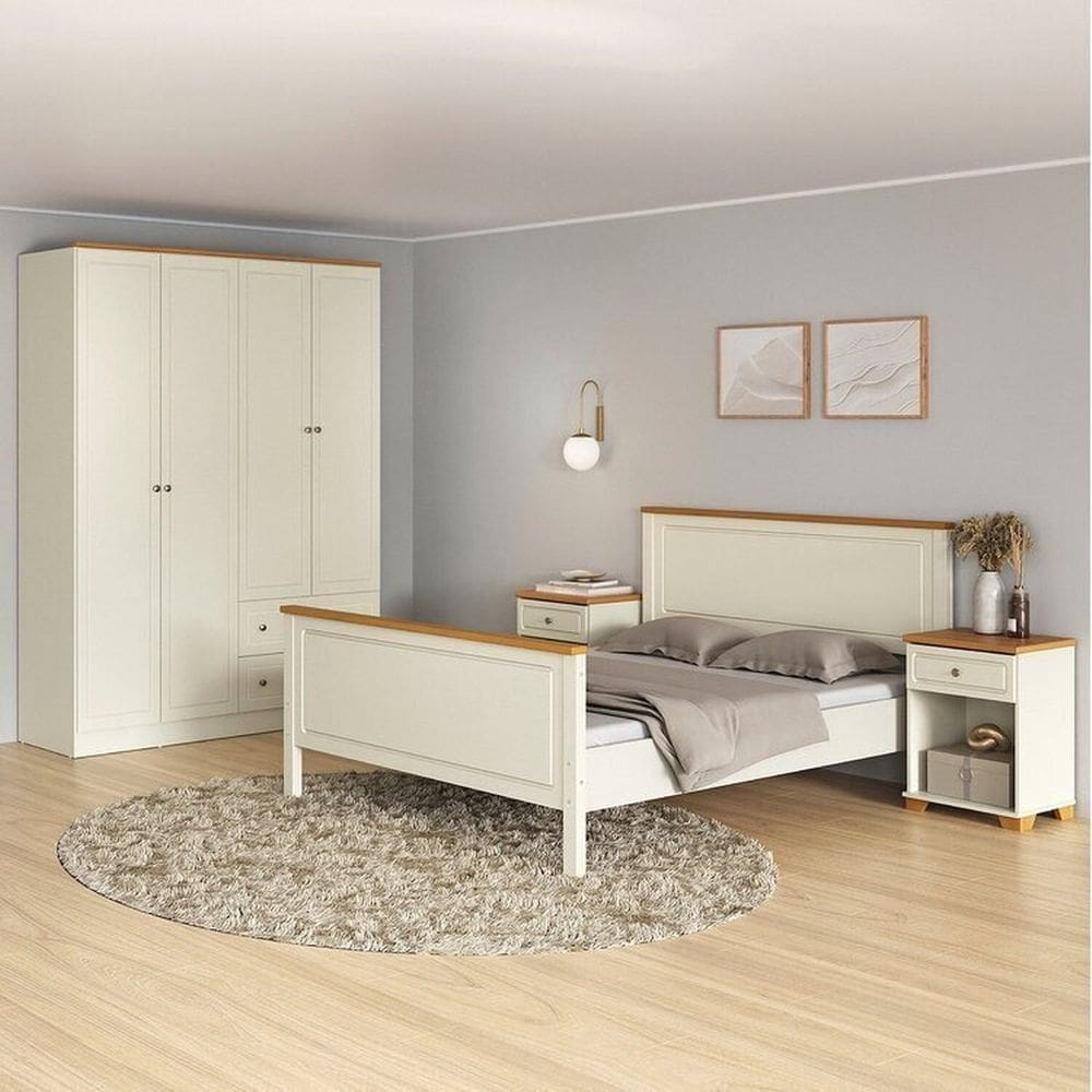 Conjunto Cama Queen Guarda-Roupa 4 Portas 2 Mesas de Cabeceira Ananda CabeCasa MadeiraMadeira Off White/Mel