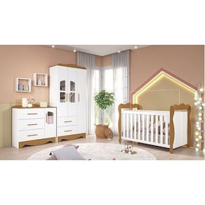 Quarto de Bebê com Guarda-roupas Cômoda 4 Portas Janeladas e Berço 100% Mdf Alice Espresso Móveis Branco Brilho/Amêndoa