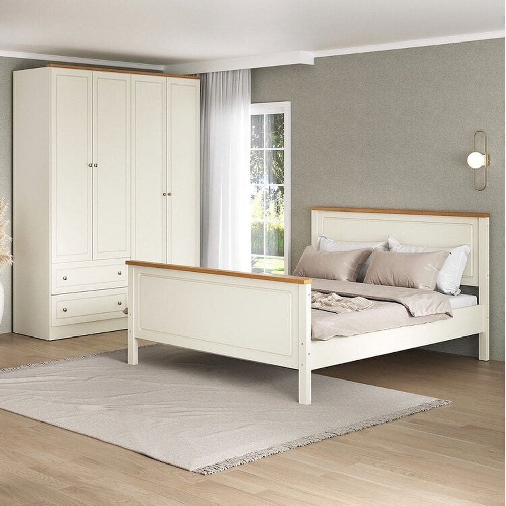 Conjunto Cama Queen Guarda-Roupa 4 Portas Ananda CabeCasa MadeiraMadeira Off White/Mel