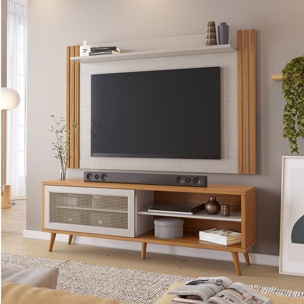 Rack com Painel para Tv até 65 Polegadas com Ripado e Telinha Palhinha Freijó Trend/Off White TX