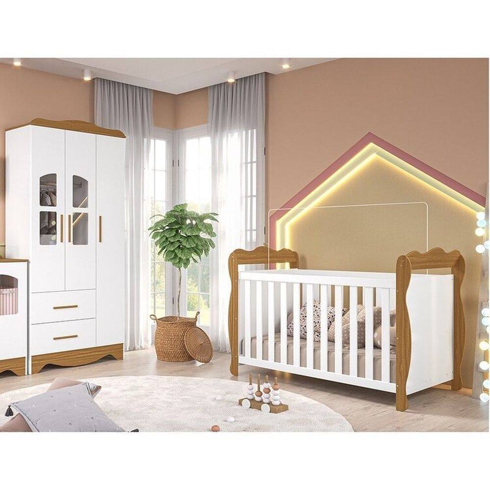 Quarto de Bebê Berço Minicama e Guarda-roupas 3 Portas Janeladas 100% Mdf Alice Espresso Móveis Branco Brilho/Amêndoa