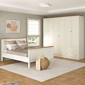 Conjunto Cama Casal Guarda-Roupa 6 Portas Ananda CabeCasa MadeiraMadeira Off White/Mel