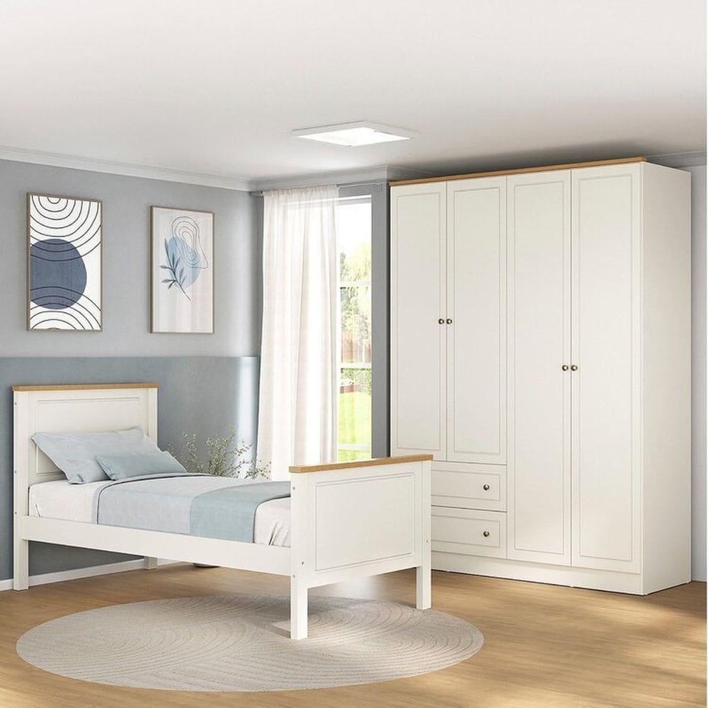 Conjunto Dormitório Cama Solteiro 1 Guarda-Roupa 4 Portas Ananda CabeCasa MadeiraMadeira Off White/Mel
