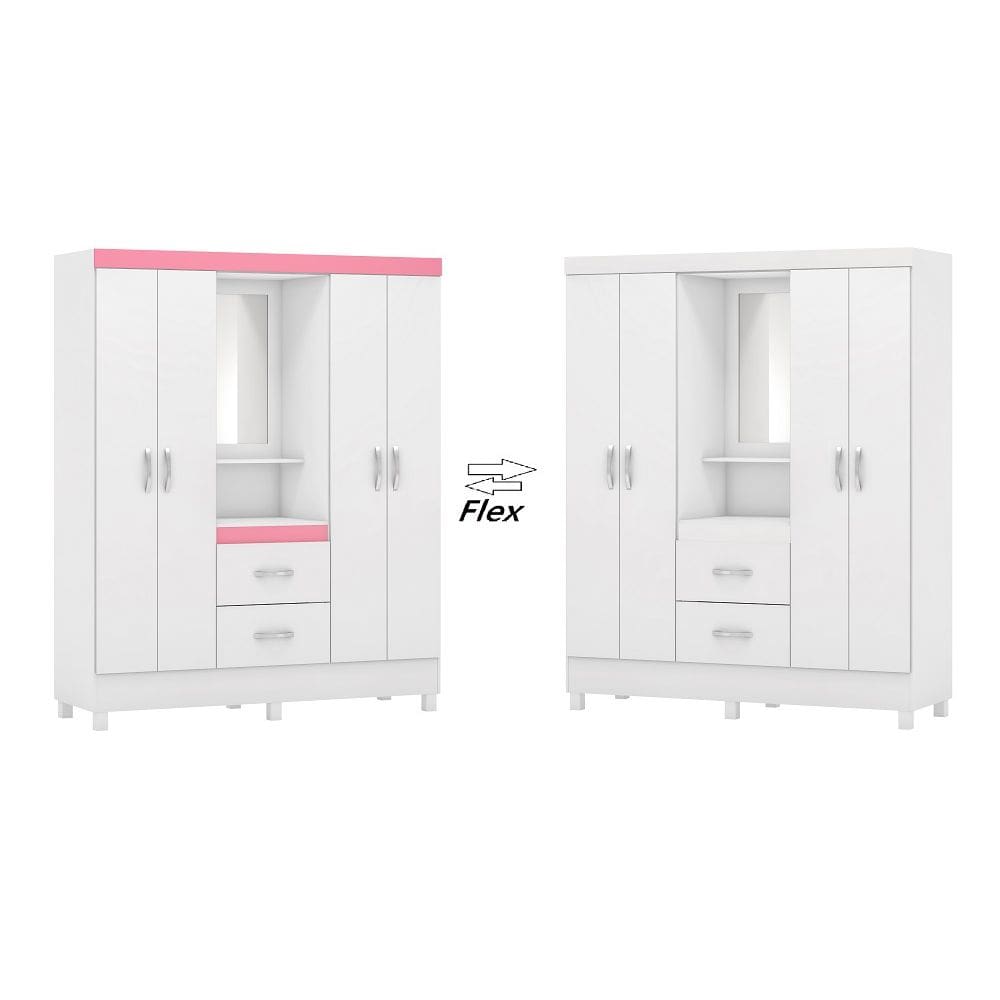 Guarda Roupa Lord Flex com Espelho Prateleira/Penteadeira - Branco/Rosa Demóbile
