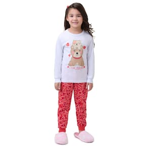 Pijama Infantil Menina Vermelho Corações Brilha no Escuro