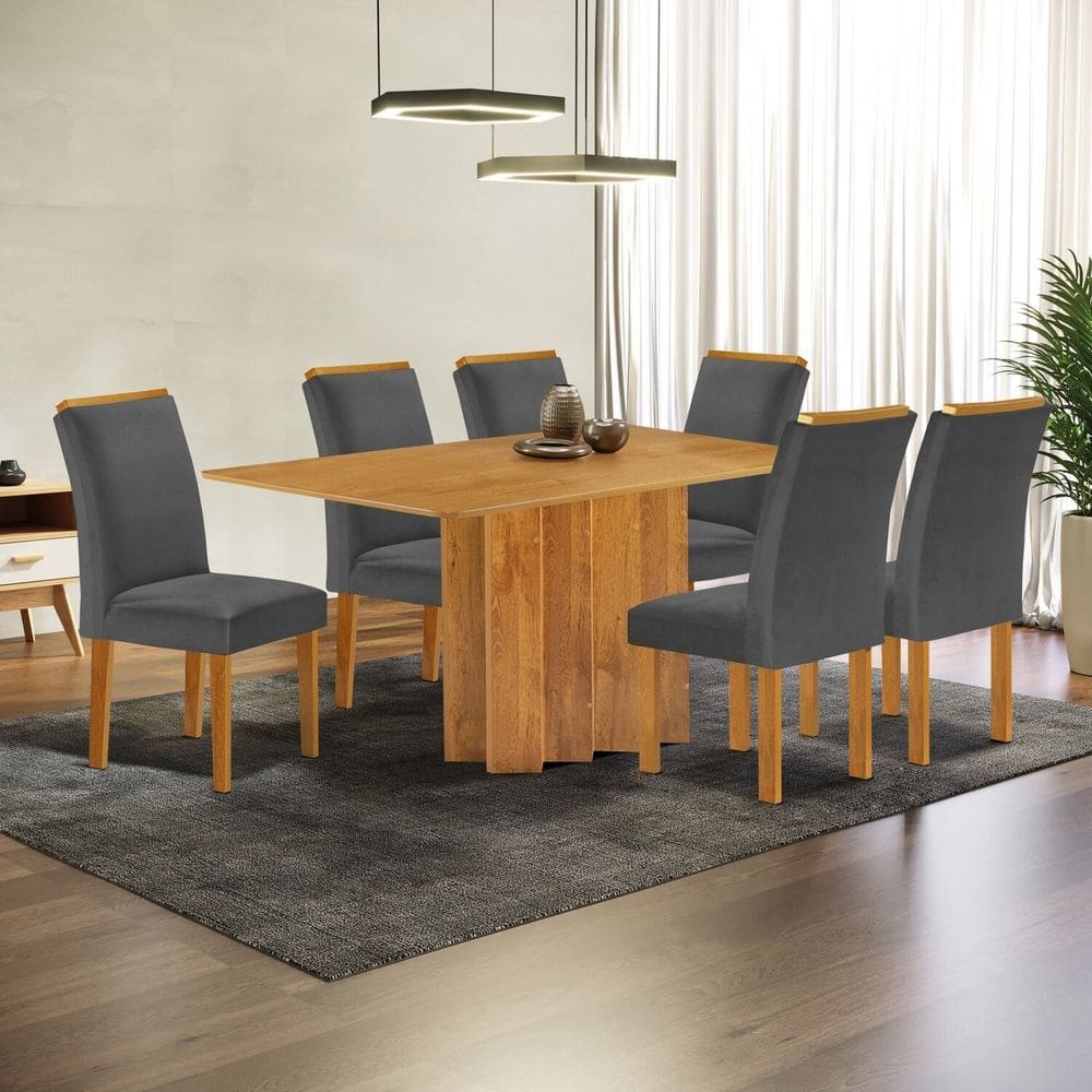 Conjunto Mesa Lorena 160cm X 80cm com 6 Cadeiras Luisa Tampo Londres sem Vidro Cinamomo/Off White/Cinza