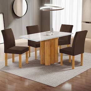 Conjunto Mesa Lorena 120cmx80cm com 4 Cadeiras Espanha Tampo Dakota Plus com Vidro Cinamomo/Off White/Marrom