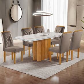 Conjunto Mesa Lorena 160cmx80cm com 6 Cadeiras Carolina Tampo Dakota Plus com Vidro Off White Cinamomo/Off White/Bege Escuro