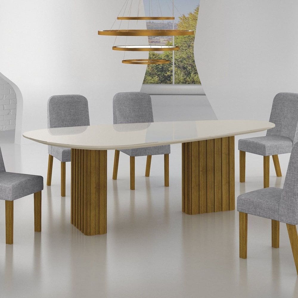 Conjunto Sala de Jantar Mesa Orgânica 6 Cadeiras Isis Freijo/ Off White / Cinza
