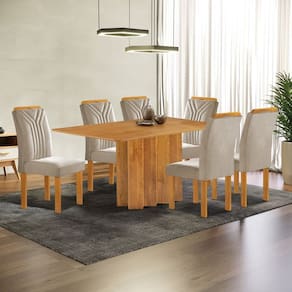 Conjunto Mesa Lorena 160cmx80cm com 6 Cadeiras Celeste Tampo Londres Cinamomo sem Vidro Cinamomo/Off White/Bege Claro