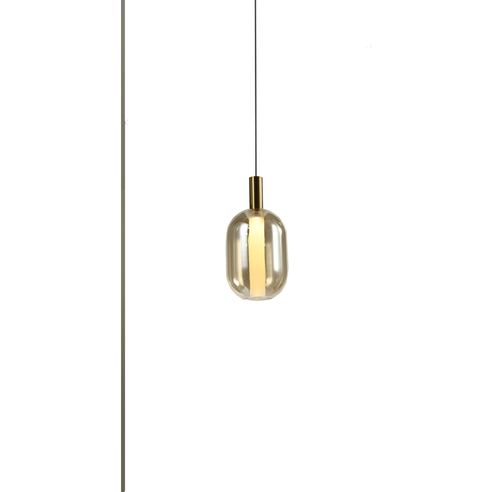 PENDENTE SPIA MODERNO EM LED DOURADO E VIDRO ÂMBAR Ø13x26CM