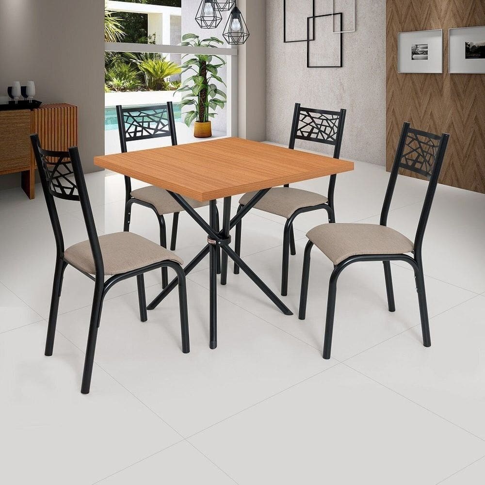 Conjunto de Mesa Jade Tampo Laminado com 4 Cadeiras Preto Fosco/Bege/Freijo