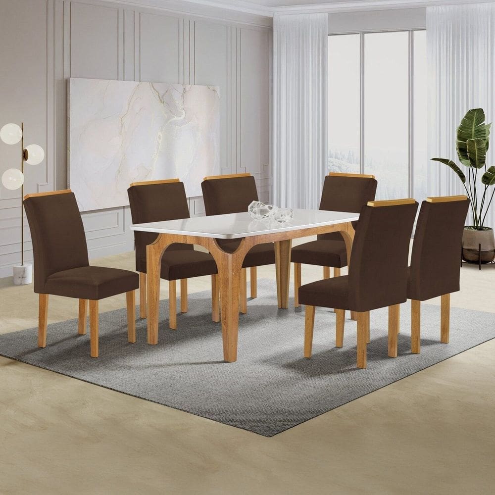 Conjunto Mesa Melina 170cmx90cm com 6 Cadeiras Luisa Tampo Smart Plus com Vidro Cinamomo/Off White/Marrom