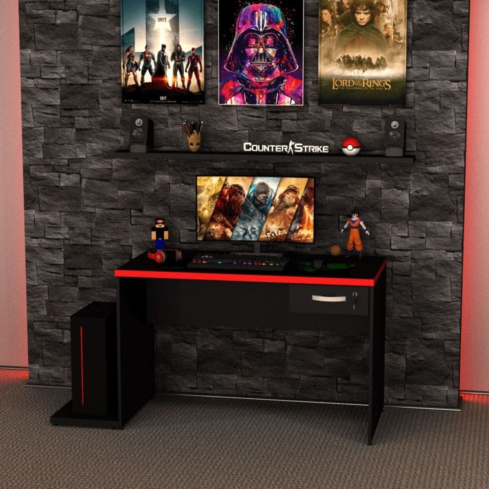 Mesa para Computador Gamer 1 Gaveta 120x60 Cm Preto/Vermelho