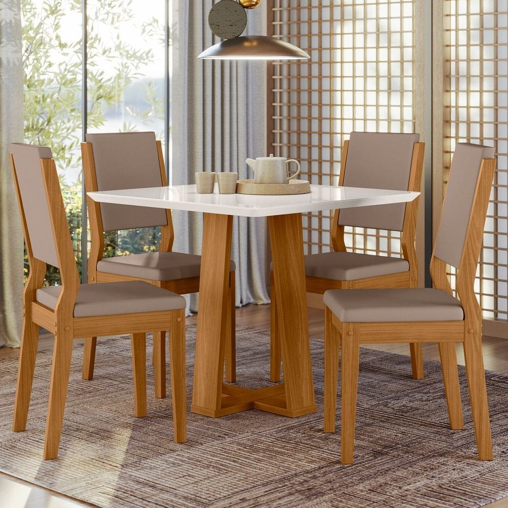 Conjunto Sala de Jantar Mesa Rubi com 4 Cadeiras Carol Ype/Off White/Lux
