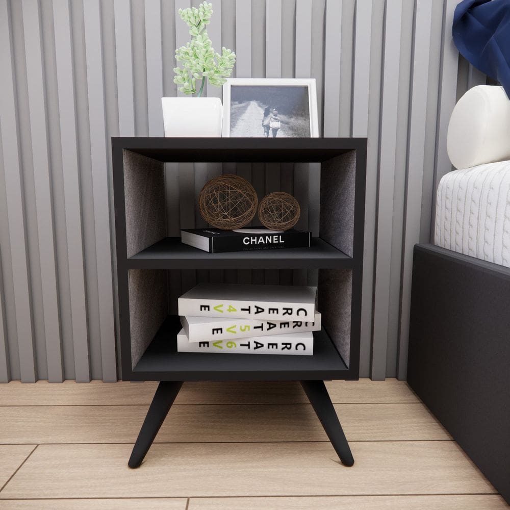 Mesa de Cabeceira com Pés Mesinha Madeira Quarto Nicho Cinza/Preto
