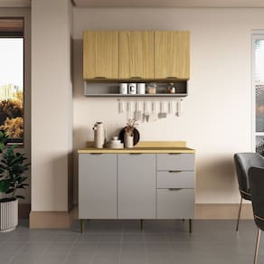 Cozinha Modulada 1 Balcão com Tampo 1 Armário Aéreo 6 Portas 2 Gavetas Ibiza Louro Freijó/Cinza