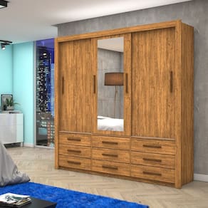 Guarda-roupa 3 Portas Correr com Espelho 9 Gavetas Anjos Cinamomo