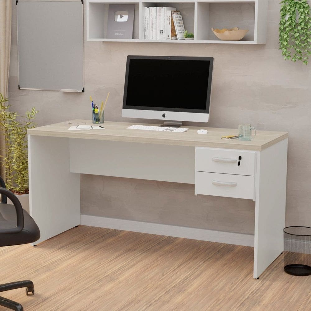 Mesa de Escritório Escrivaninha com Gaveta 160x60cm Tampo 3cm Carvalho / Branco