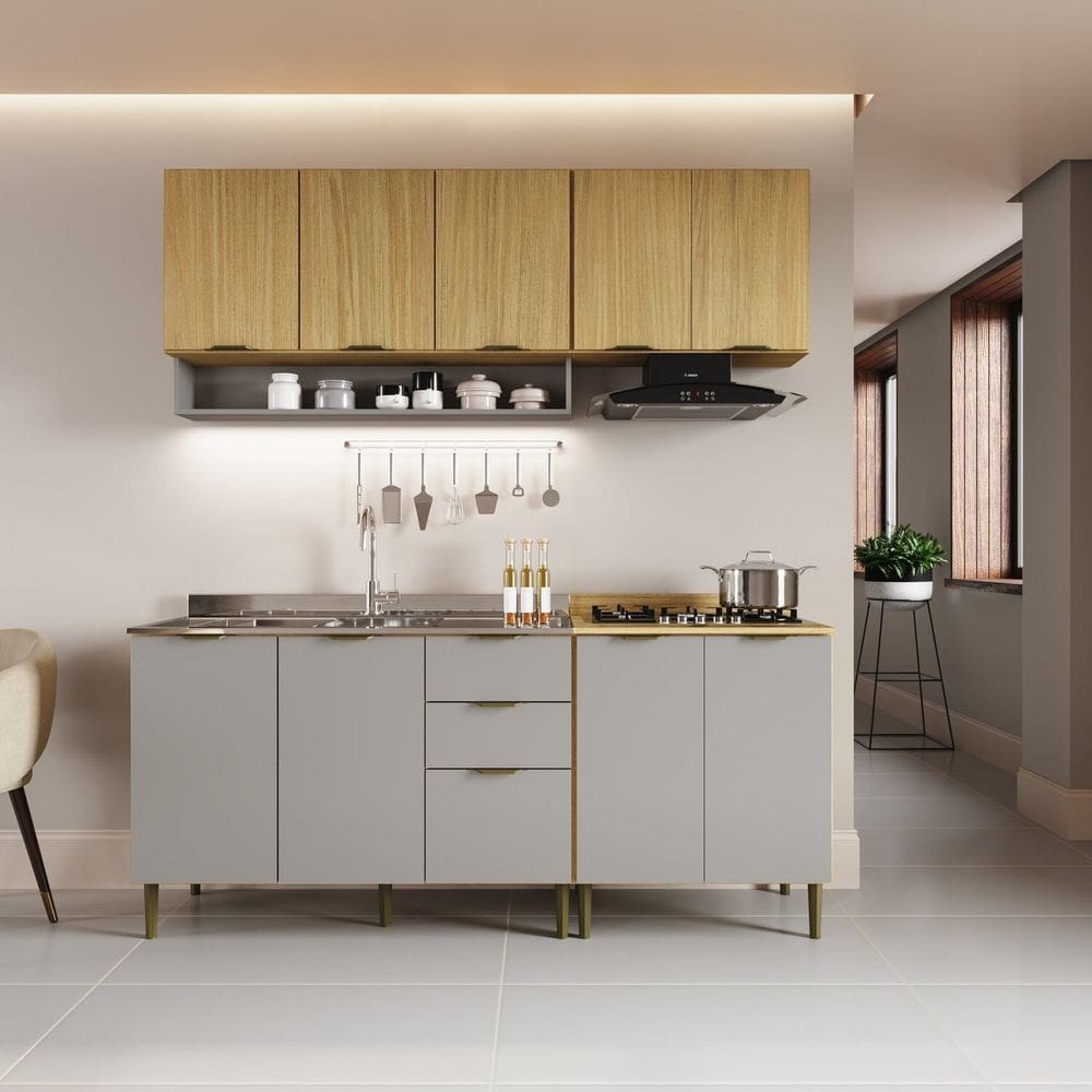 Cozinha Modulada 1 Balcão, 1 Balcão com Tampo 2 Aéreo 10 Portas 2 Gavetas Ibiza Louro Freijó/Cinza