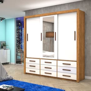 Guarda-roupa 3 Portas Correr com Espelho 9 Gavetas Anjos Cinamomo/Branco