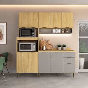 Cozinha Modulada 1 Balcão com Tampo 1 Torre Quente Armário Aéreo 10 Portas 2 Gavetas Ibiza Louro Freijó/Cinza