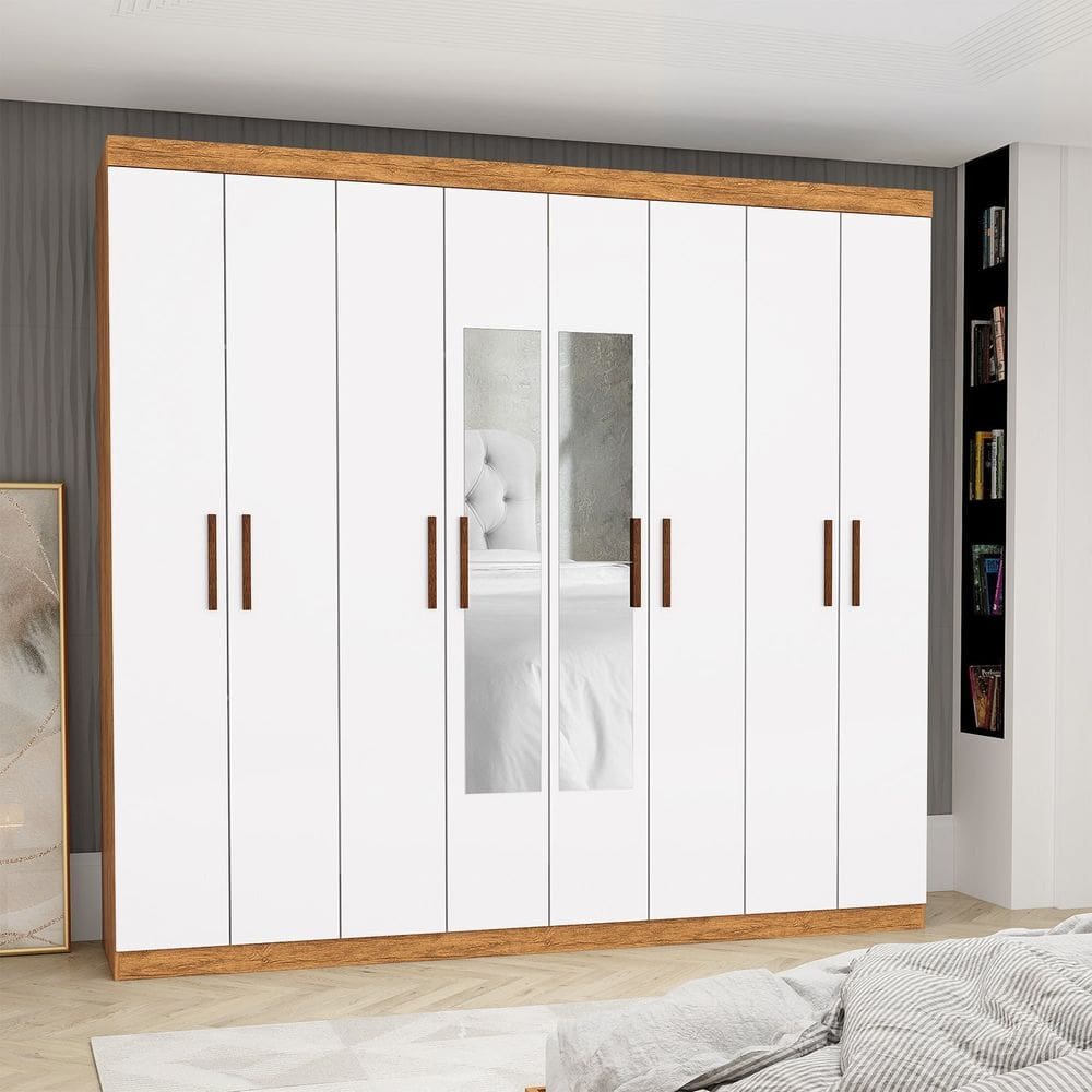 Guarda-roupa Stanley 8 Portas 4 gavetas com Espelho Cinamomo/Branco