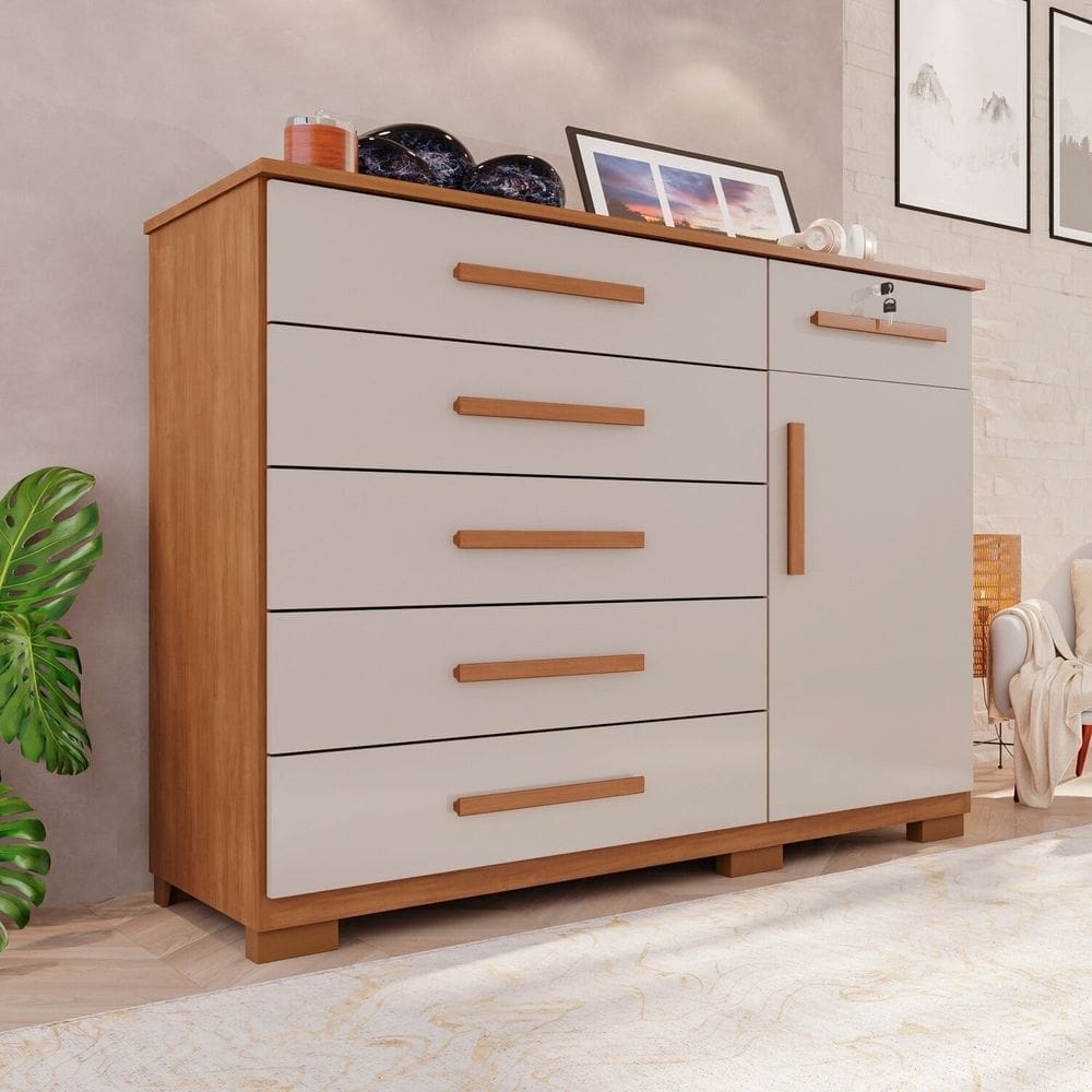 Cômoda para Quarto 1 Portas 6 Gavetas Jade Expresso Móveis Cinamomo / Off White