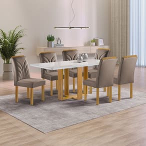 Conjunto Mesa Isadora 170cmx90cm com 6 Cadeiras Carolina Tampo Smart Plus com Vidro Cinamomo/Off White/Bege Escuro