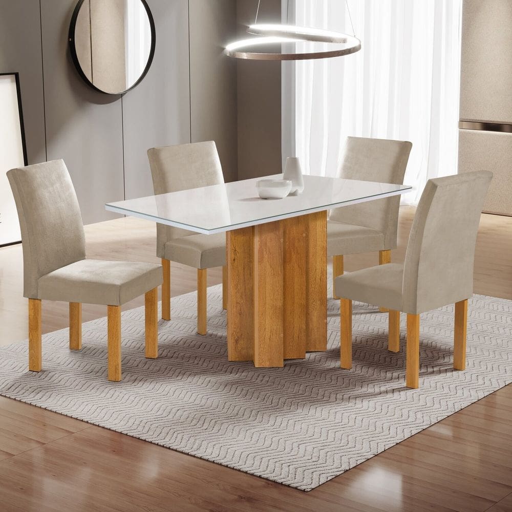 Conjunto Mesa Lorena 120cmx80cm com 4 Cadeiras Espanha Tampo Dakota Plus com Vidro Cinamomo/Off White/Bege Claro
