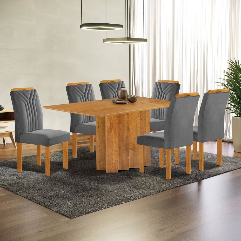 Conjunto Mesa Lorena 160cm X 80cm com 6 Cadeiras Celeste Tampo Londres sem Vidro Cinamomo/Off White/Cinza