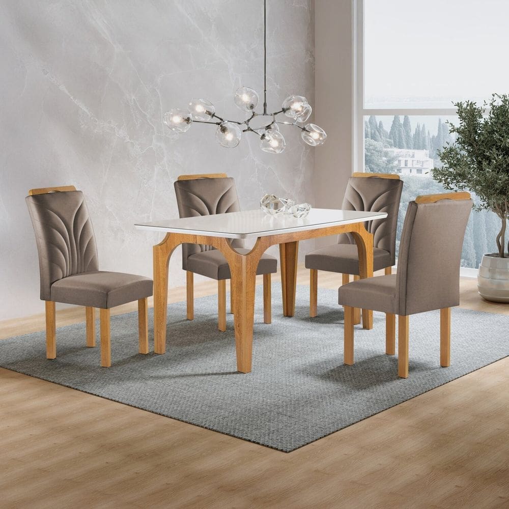 Conjunto Mesa Melina 120cmx90cm com 4 Cadeiras Carolina Tampo Smart Plus com Vidro Cinamomo/Off White/Bege Escuro