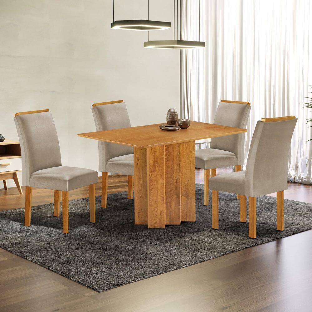 Conjunto Mesa Lorena 120cmx80cm com 4 Cadeiras Luisa Tampo Londres Cinamomo sem Vidro Cinamomo/Off White/Bege Claro